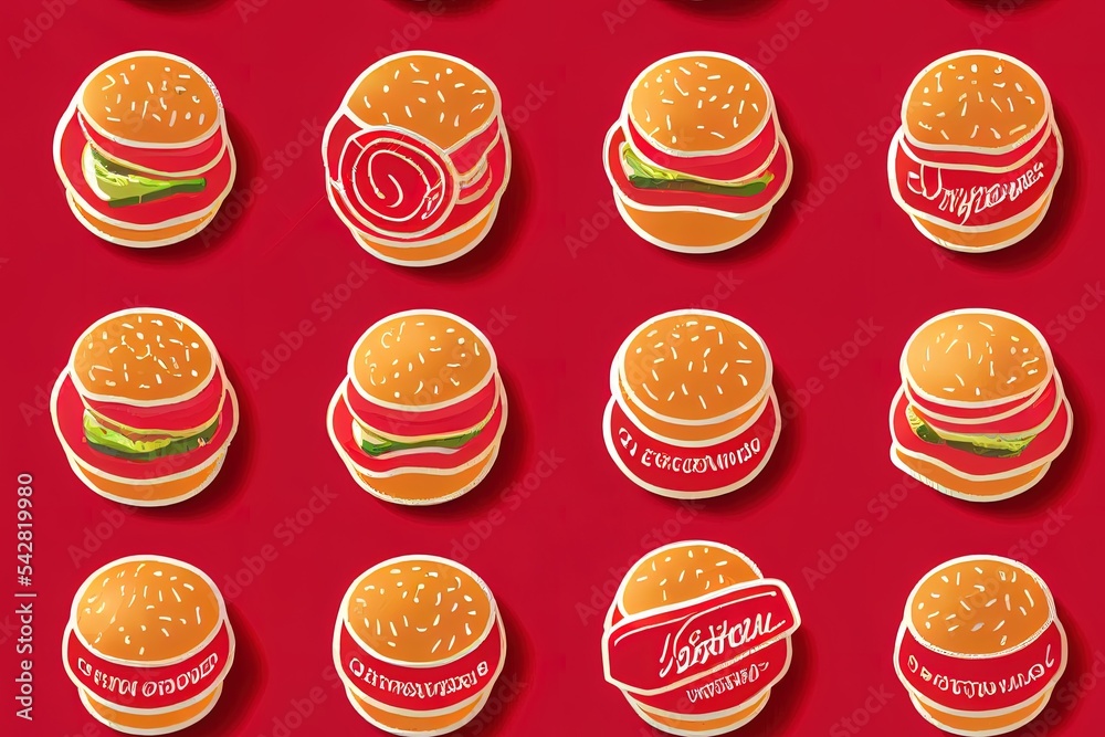 2d illustrated supermarket shop fast food pattern. Food and goods seamless red background