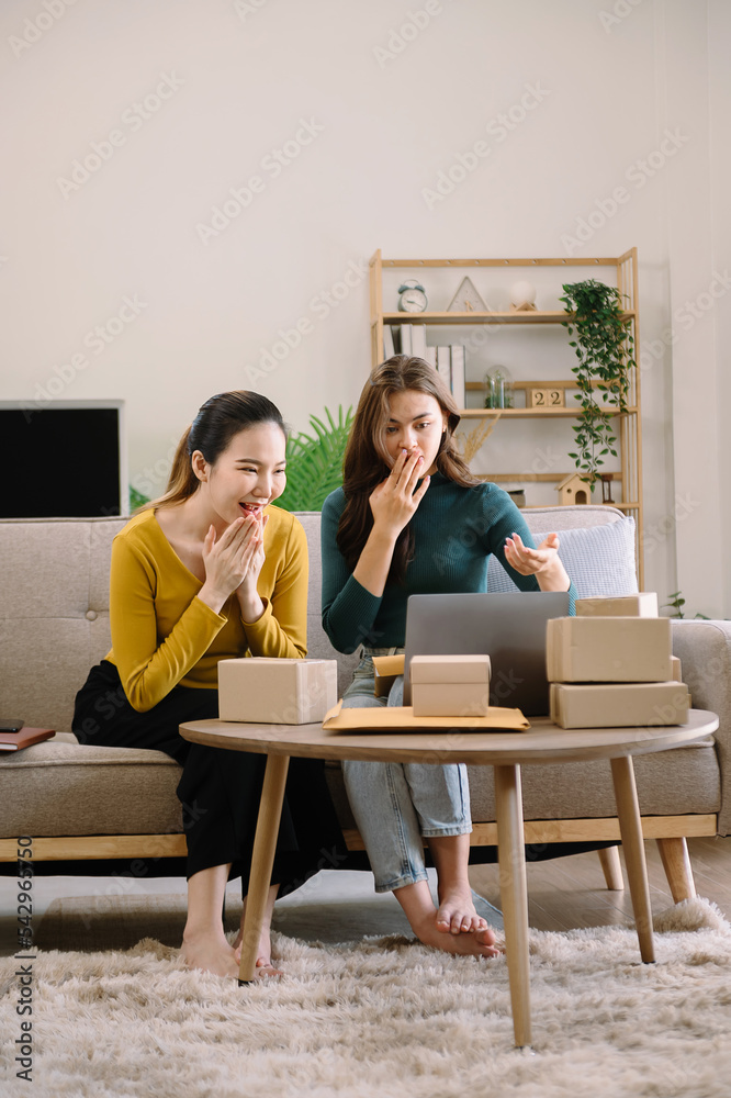 使用智能手机或平板电脑进行在线接收和检查的亚洲年轻女性中小企业形象