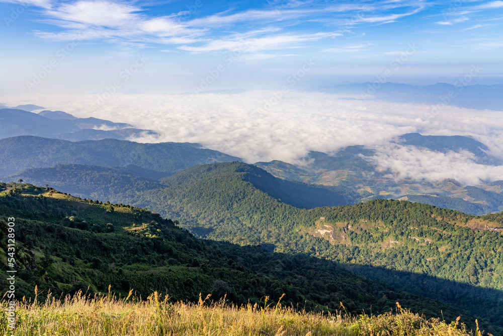 Beautiful landscape view of northern mountain ranges of Thailand seen from the top of Kew Mae Pan Na