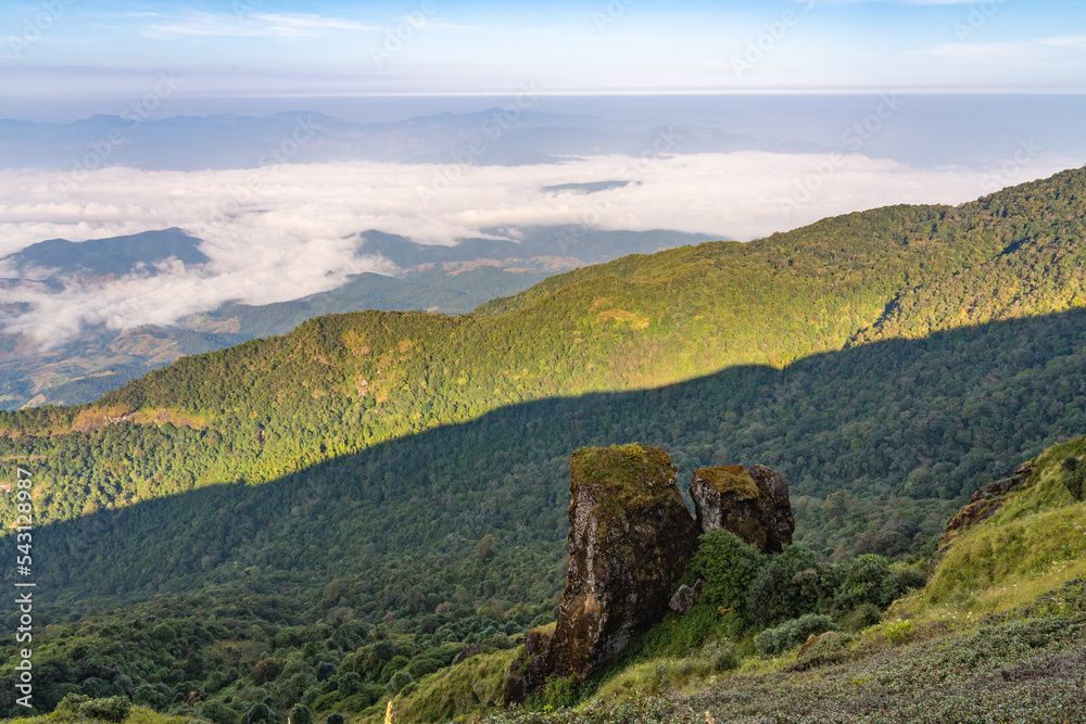 Beautiful landscape view of northern mountain ranges of Thailand seen from the top of Kew Mae Pan Na