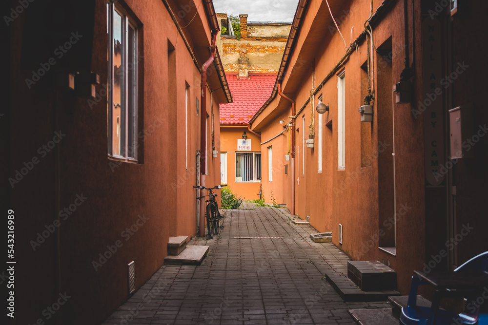 Narrow cobblestone paved alley between homes with orange walls and windows