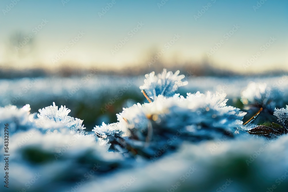 Frosty winter morning macro. Cold weather background concept. Frozen grass on the fields with copy s