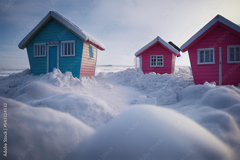 糖果色的海滩小屋装饰着瑞典南部斯卡诺的雪域海滩。2017年1月7日