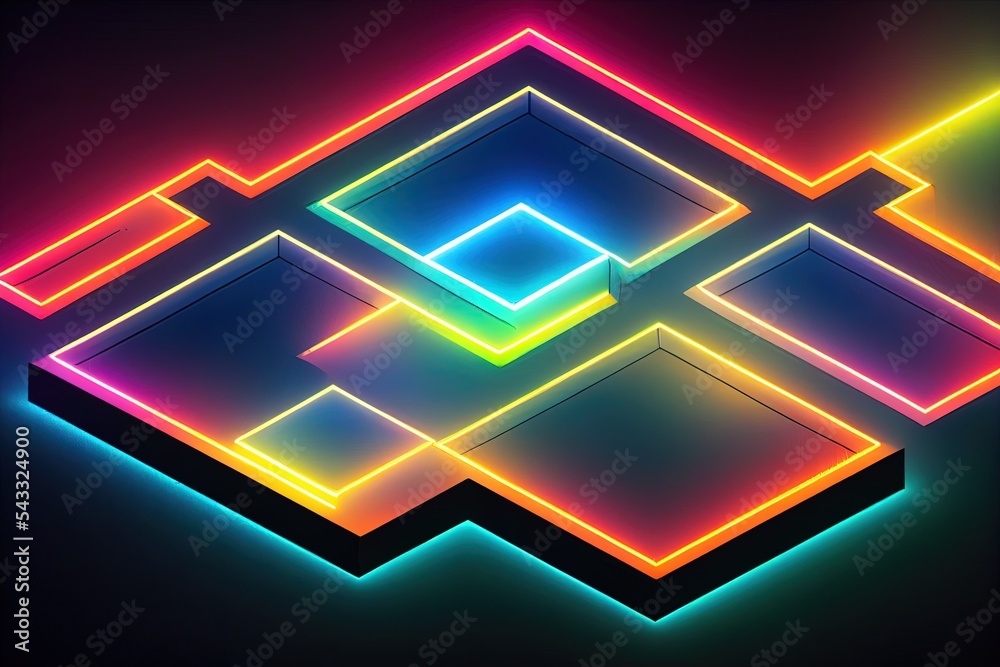 3D Illustration. Illuminated dark concrete surface surrounded by modern neon colour lights. Computer