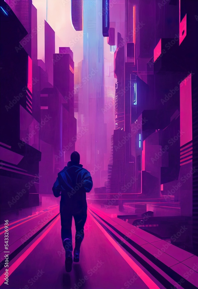 Cyberpunk concept showing a man running along a futuristic path full of monitors, digital art style,