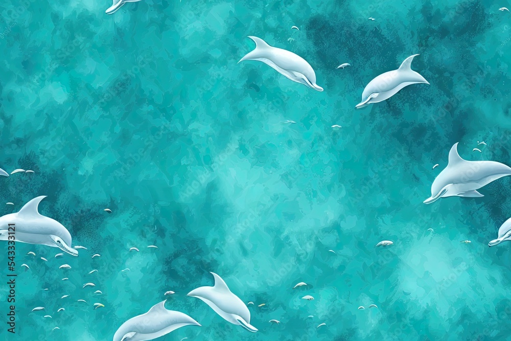 Seamless texture with a flock of dolphins under water, illustration for background