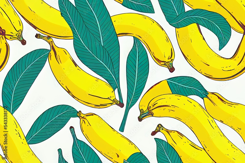 Seamless fruit pattern with banana. Hand drawn 2d illustrated illustration in sketch style.