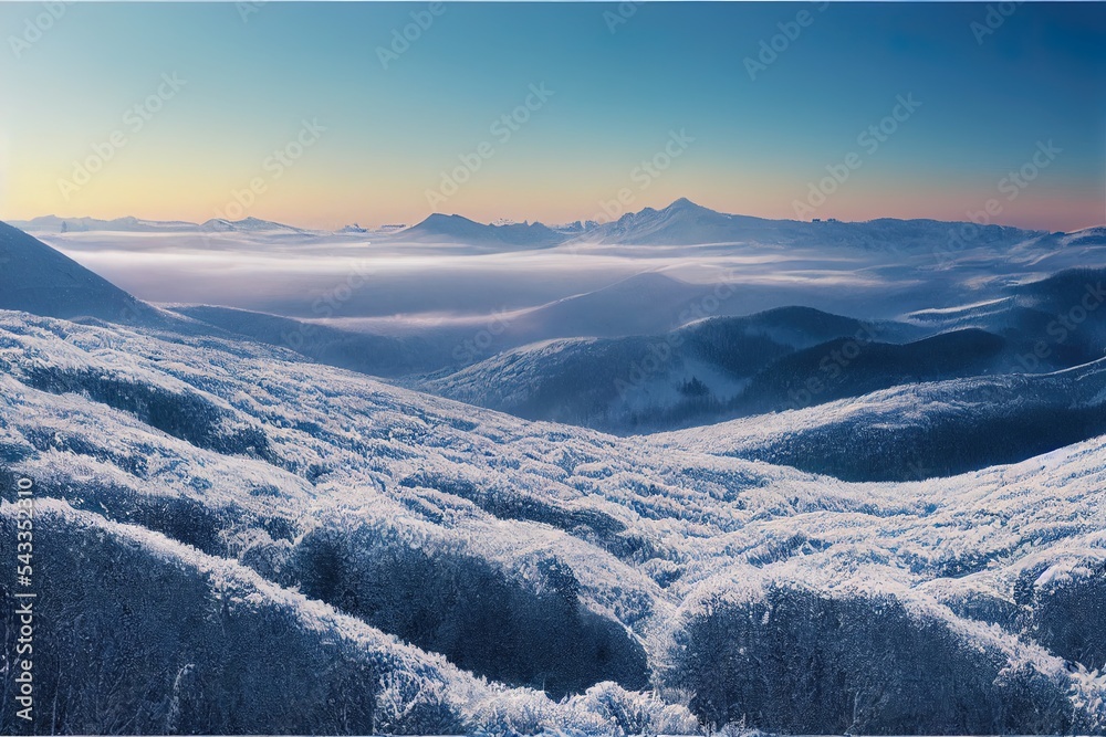 山区雾蒙蒙的冬季景观全景