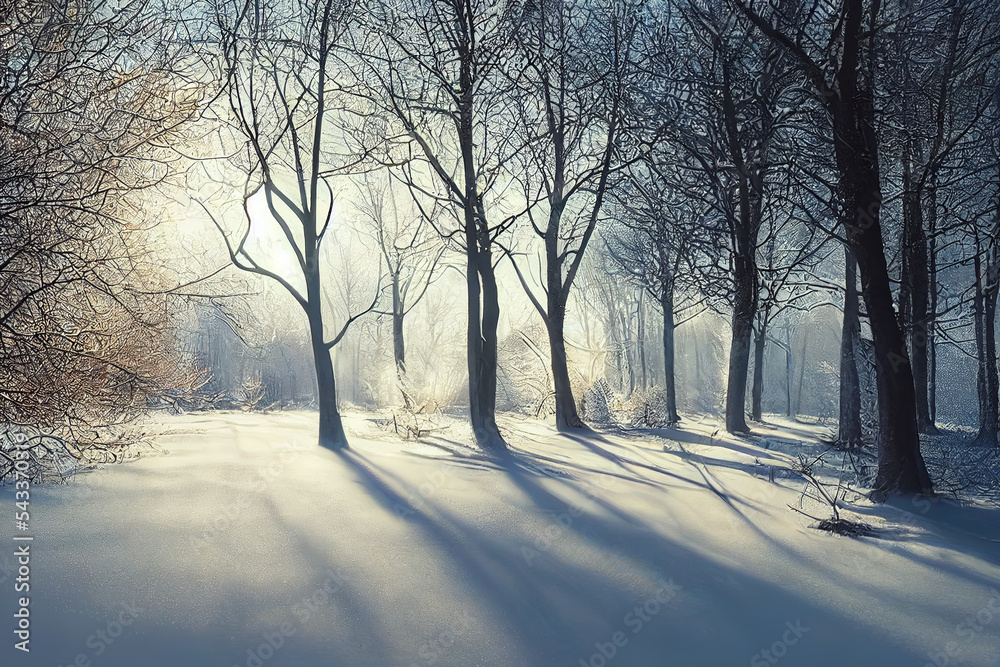 阳光明媚的早晨，雪地森林中的冬季景观霜冻树木。阳光明媚的冬季宁静自然