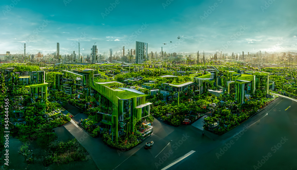 Spectacular eco-futuristic cityscape ESG concept full with greenery, skyscrapers, parks, and other m