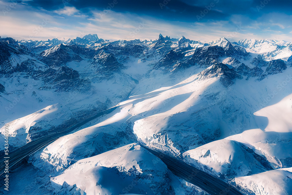 无人机拍摄的雪山鸟瞰图，展示了冬季山脉壮观的高山景观