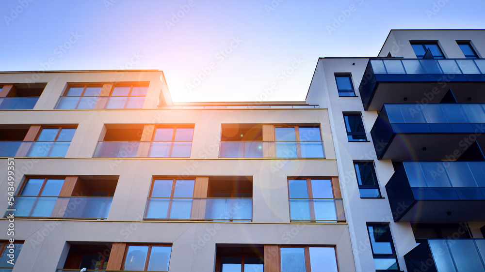 New apartment building on a sunny day. Modern residential architecture. The apartment is waiting for