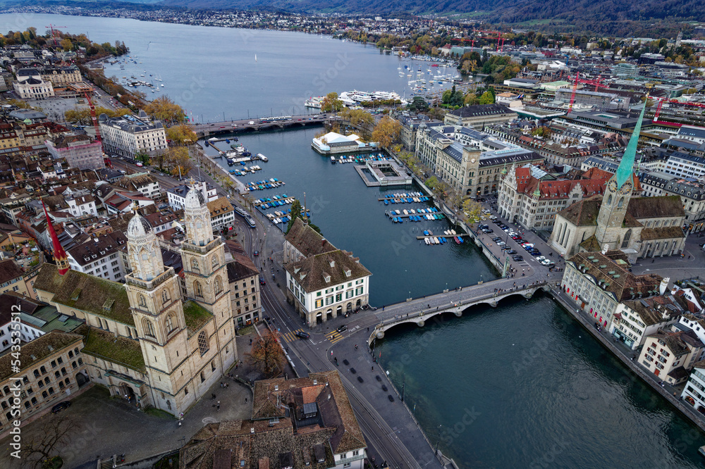 Aerial view of City of Zürich with the old town and Limmat River on a cloudy autumn late afternoon. 