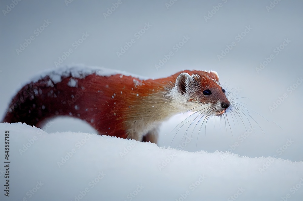 一只短尾黄鼠狼在Ca的冬天觅食时，从雪地里探出头来