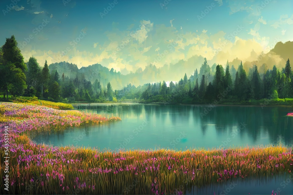 Abstract spring summer landscape scene with geometric form. lake and flower view. 3d rendering.