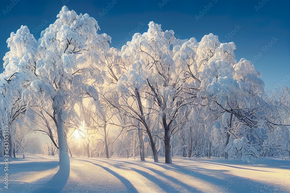 晴朗的一天，大雪过后，白色的冬季景观，树木被雪覆盖。S