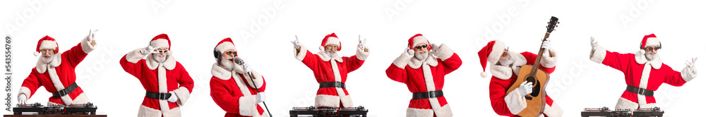 Set of Santa Claus listening to music, singing and playing guitar on white background