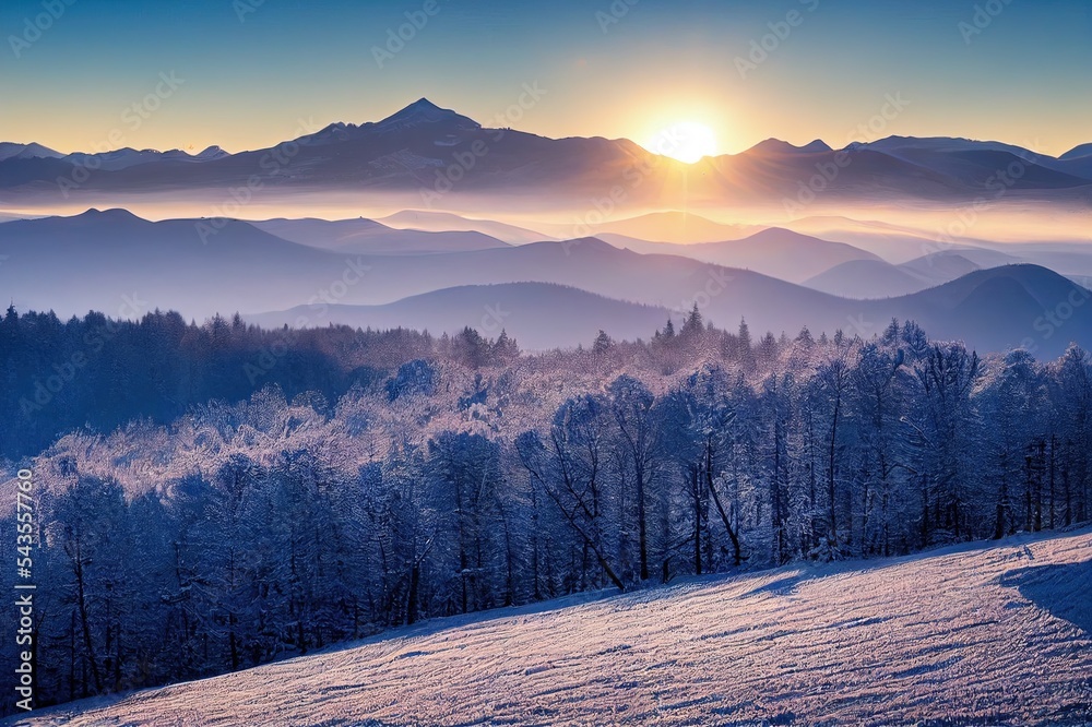 美丽的冬季自然景观，令人惊叹的山景。林地的风景图像。冰天雪地