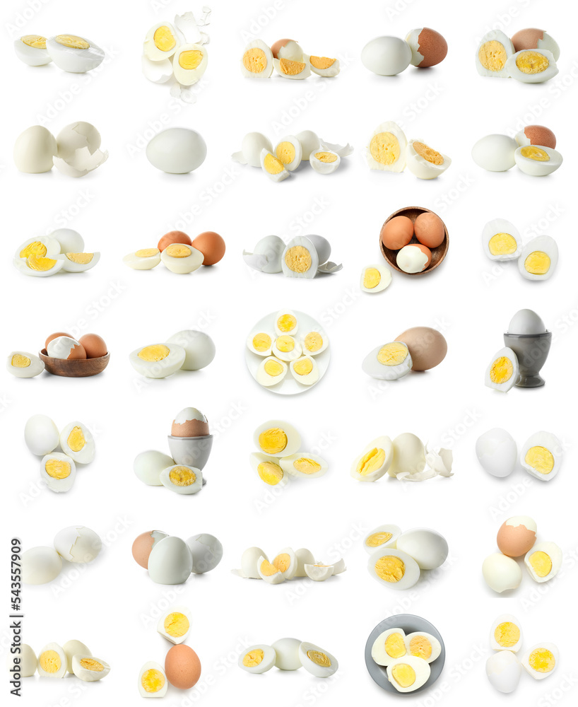 Set of many boiled eggs isolated on white