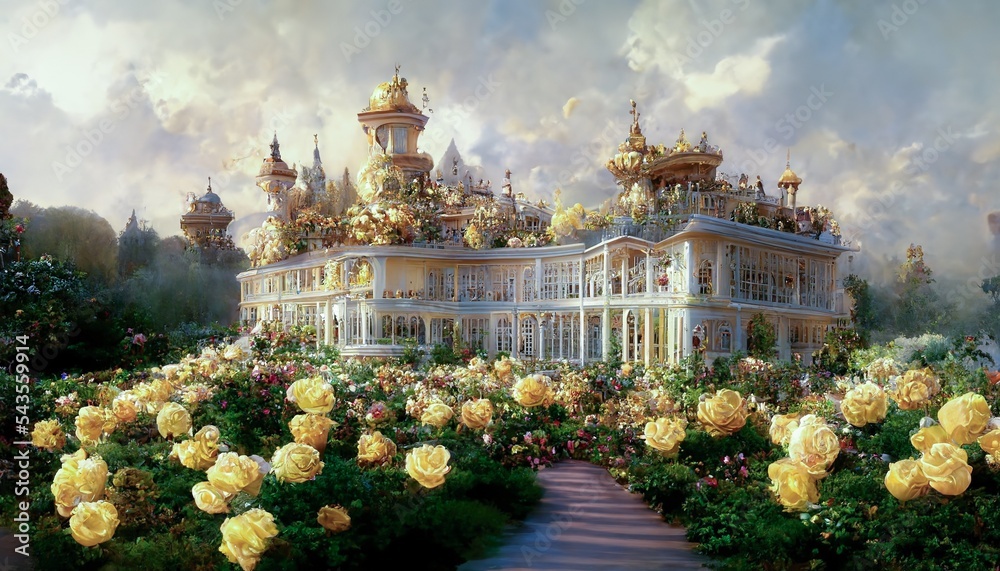 Victorian-style royal palace that looks like it was from a fairy tale. Spectacular fantasy luxury an