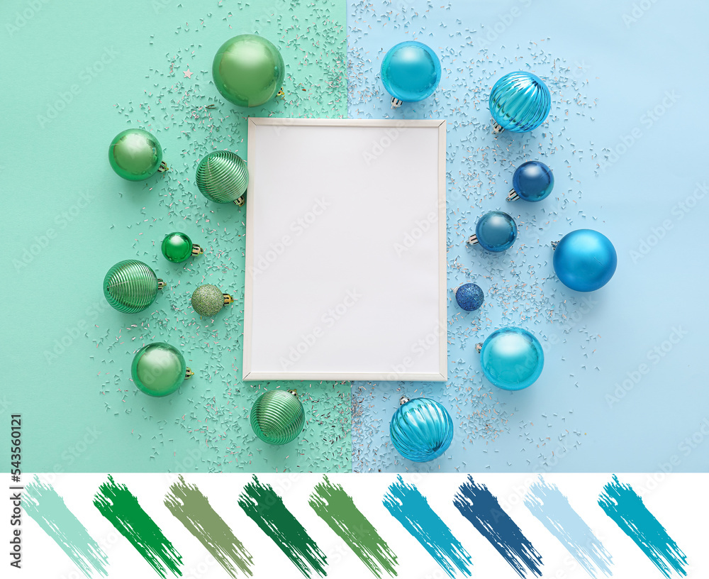 Composition with blank frame and Christmas balls on color background. Different color patterns