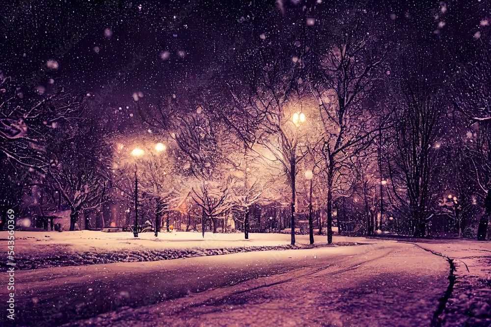 Christmas background with falling snow, selective focus. Beautiful Winter night landscape. Nature Wi