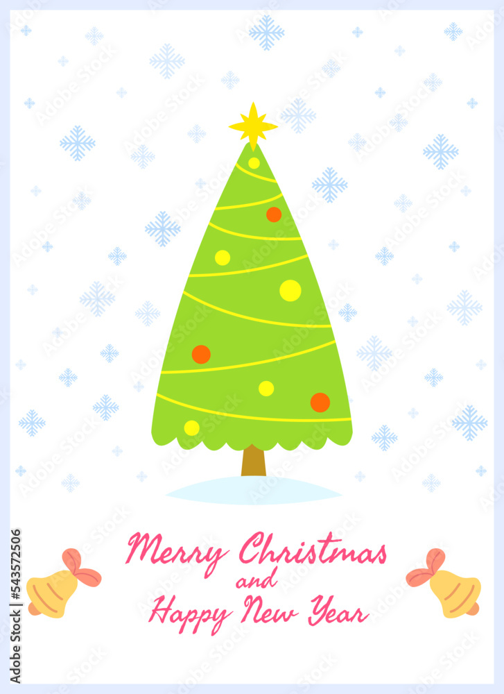 A cute Christmas card with a Christmas tree and garlands decorated with snowflakes and bells. Vector