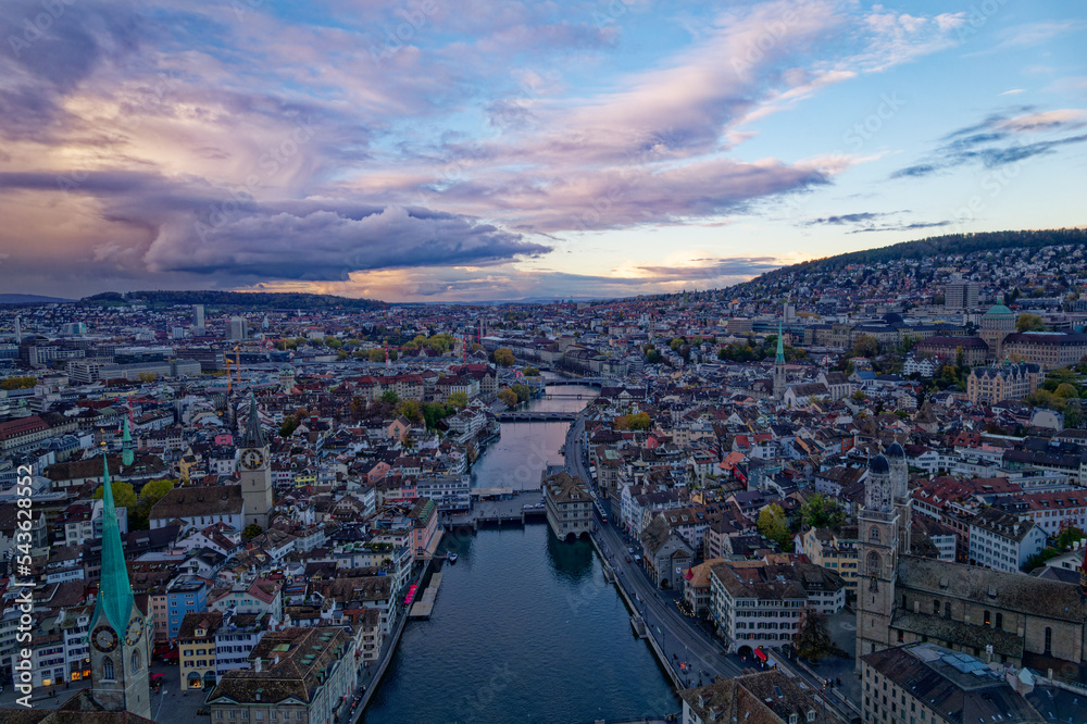 Aerial view of City of Zürich with the old town and Limmat River on a cloudy autumn day. Photo taken