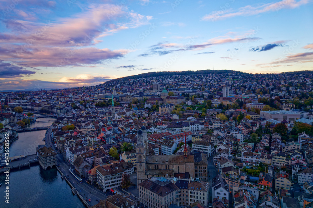 Aerial view of City of Zürich with the old town and Limmat River on a cloudy autumn day. Photo taken