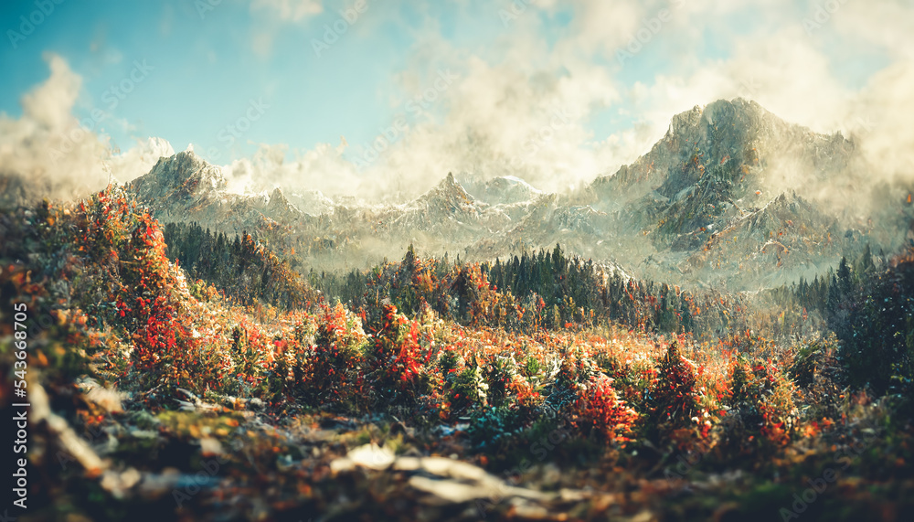 群山中壮观的秋天森林全景，远处有一座山峰