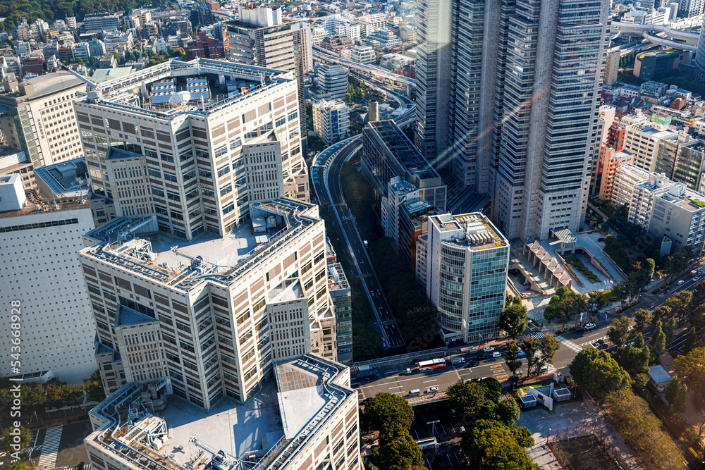 摩天大楼耸立在日本东京西新宿的城市景观之上