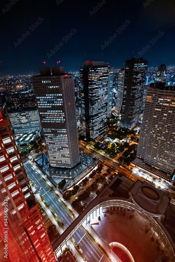 高耸在日本东京西新宿夜景之上的摩天大楼