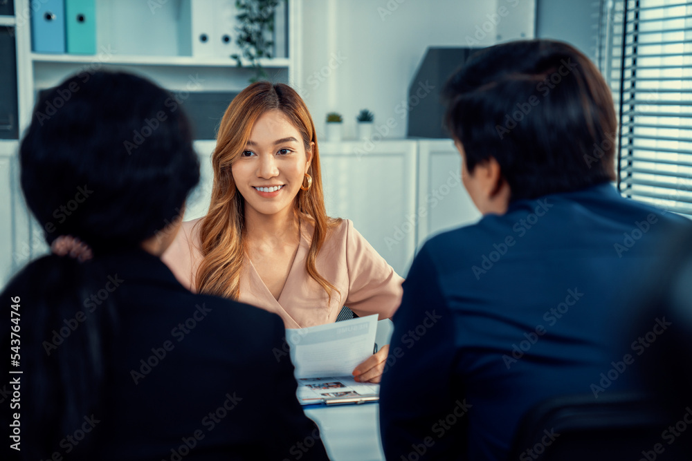 一位年轻的亚洲女性候选人试图通过能力给面试官留下深刻印象。国际合作