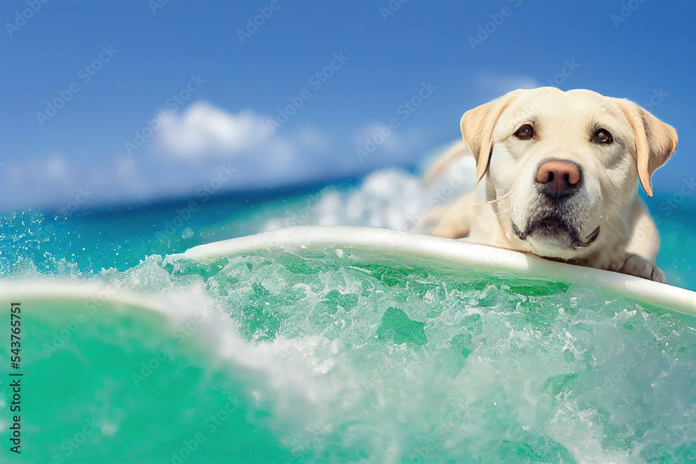 壮观的拉布拉多犬躺在冲浪板上，用青色海水在冲浪板和背上飞溅