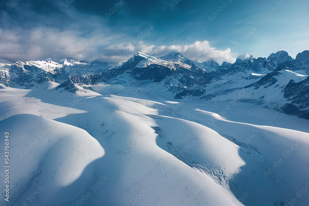 无人机拍摄的雪山鸟瞰图，展示冬季山脉壮观的高山景观