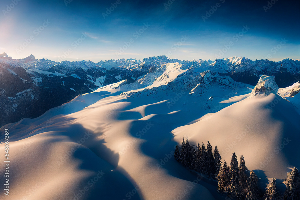 无人机拍摄的雪山鸟瞰图，展示了冬季山脉壮观的高山景观