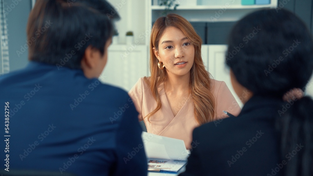 一位年轻的亚洲女性候选人试图通过能力给面试官留下深刻印象。国际合作