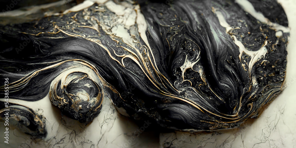 Spectacular macro image of black and golden liquid ink churning together, with a realistic texture a