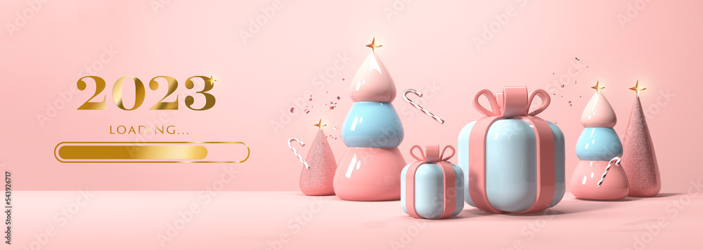 Loading New year 2023 with gift boxes and trees on a pink background