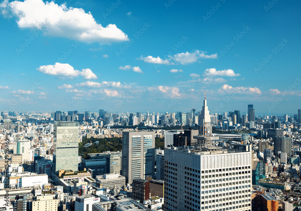 摩天大楼耸立在日本东京西新宿的城市景观之上