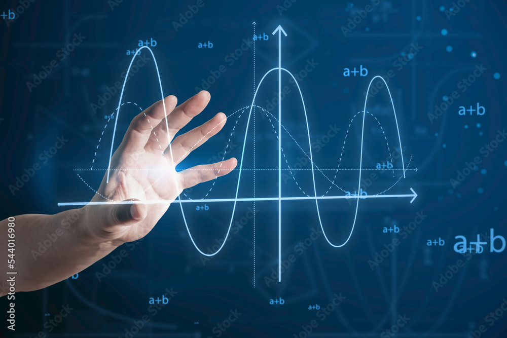一只手指着蓝色背景上抽象发光的数学公式图的特写。Equ