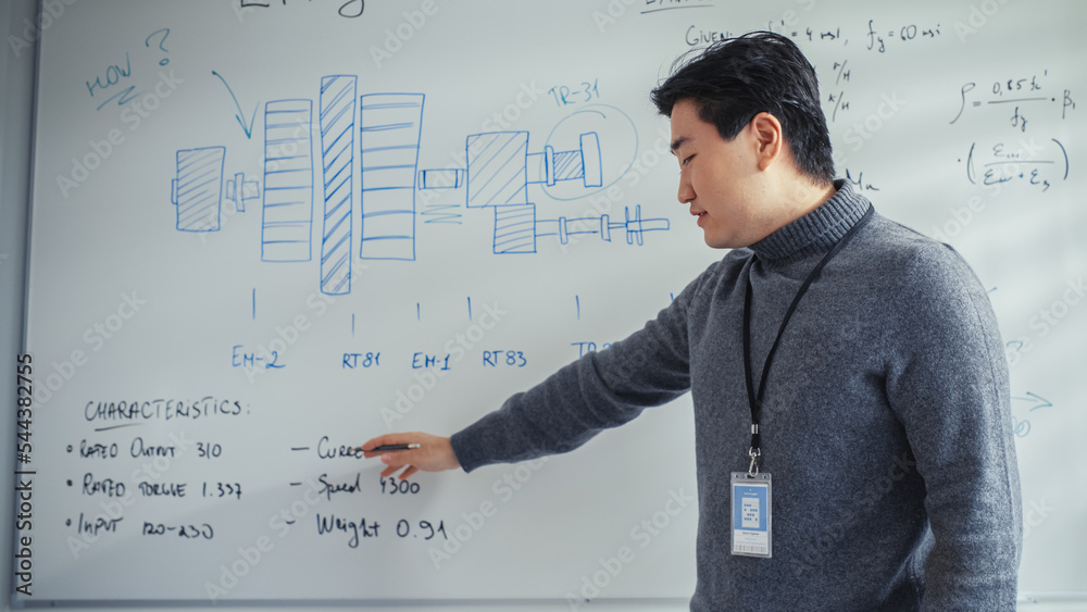 Portrait of Asian Professor Giving Speach at Online Conference. Using Whiteboard with Statistical In