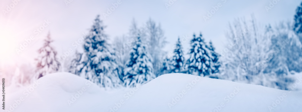 Closeup view of the slope snowdrift in spruce forest in winter.