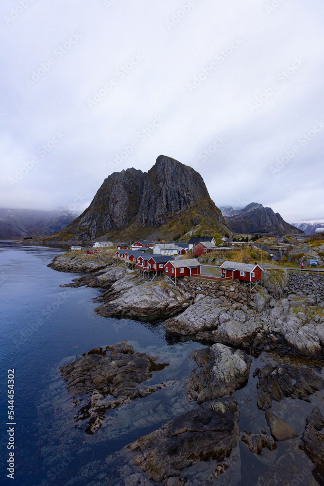 Aerial view of Reine in winter. Top view of Lofoten islands, Norway.