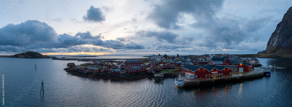 Aerial view of Reine in winter. Top view of Lofoten islands, Norway.