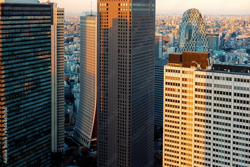 日落时分，摩天大楼耸立在日本东京西新宿的城市景观上