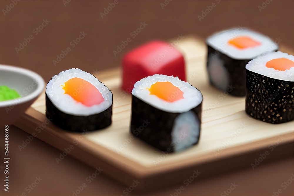 3D illustration of sushi and roll with chopsticks and soy sauce on a wooden table. 3D rendering of a