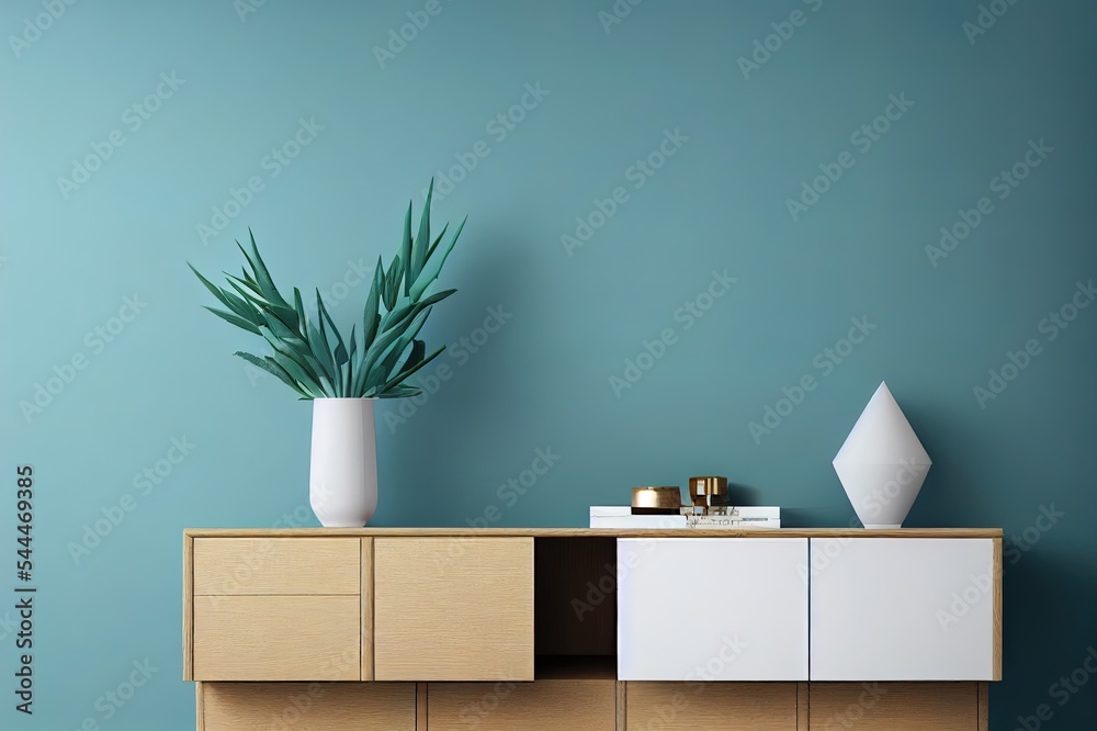 Realistic 3D render blank empty space on a stylish white wooden sideboard with decor green India Rub