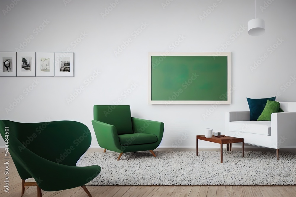 Scandinavian living room with green armchair on empty white wall background.3D rendering