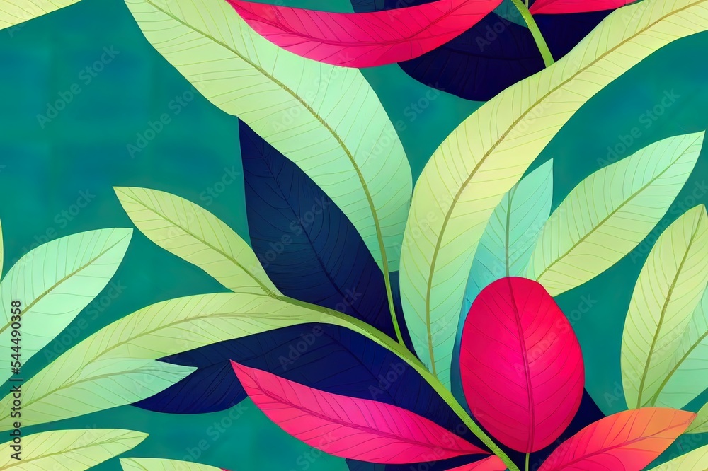 Tropical leaves in green, blue, pink bright color. Seamless border, luxury wallpaper, premium mural.